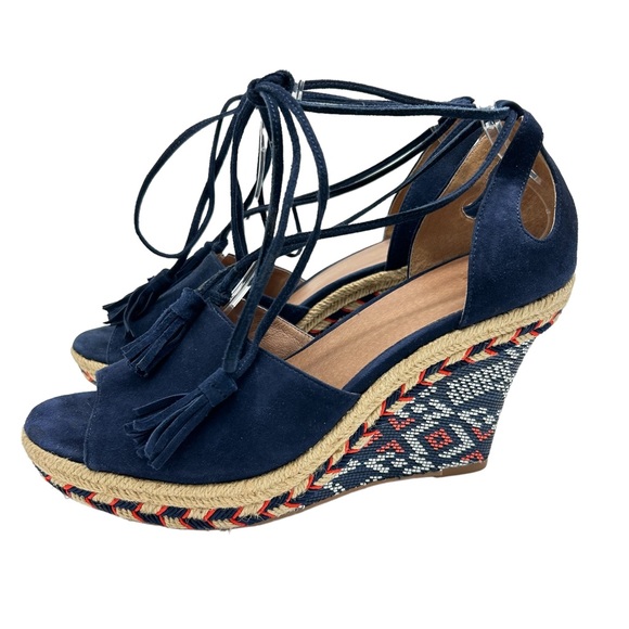 Cabi Isla Navy Blue Platform Wedge Tassel Tie Up Aztec Tribal Heel w Jute Size 8 - Picture 2 of 8